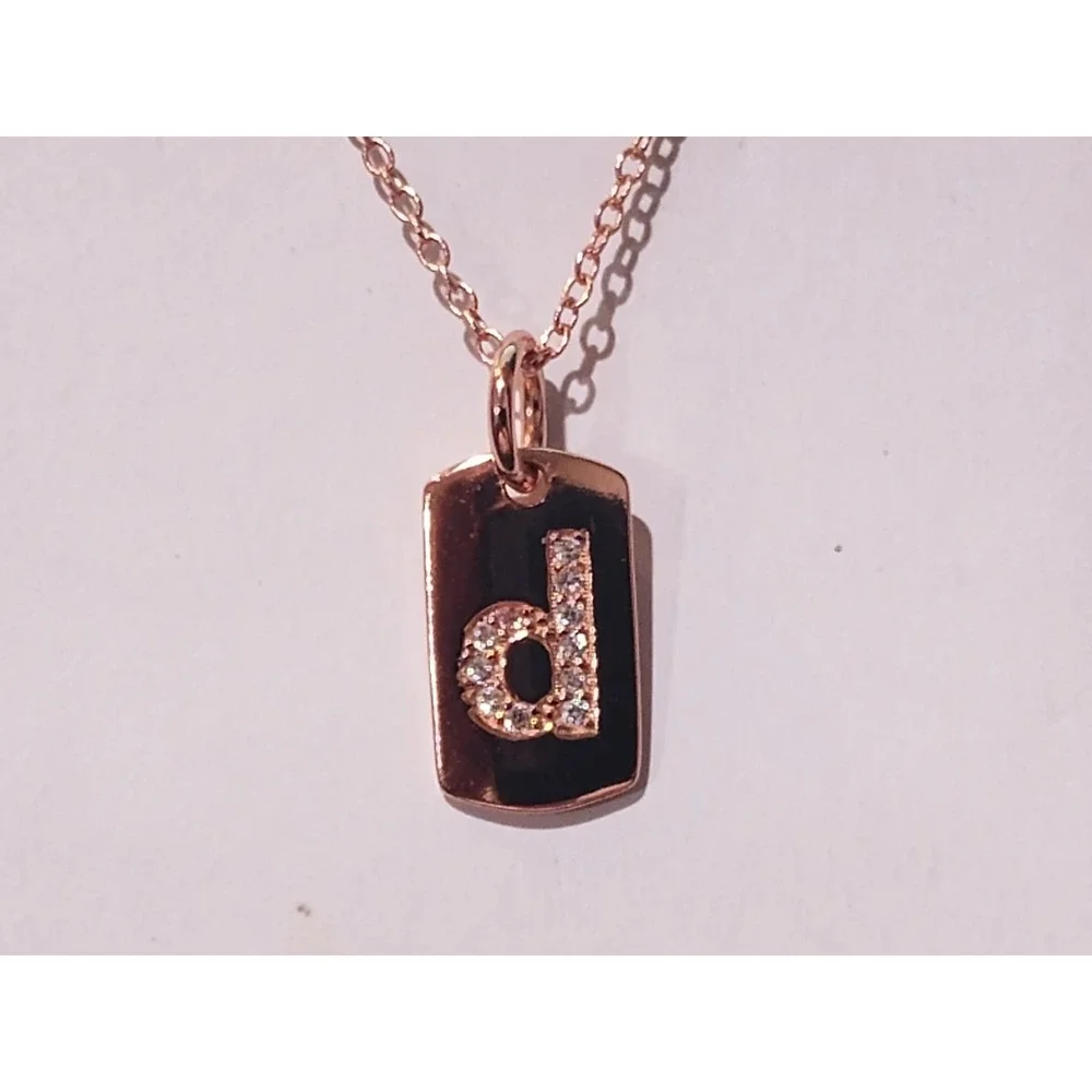 925 Sterling Silver Rose Gold Initial d Dog Tag Necklace Cubic Zirconia 18 In